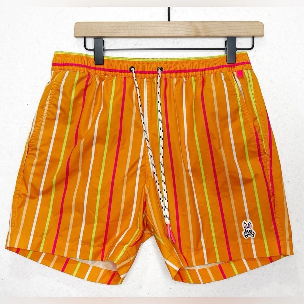 Psycho Bunny Men's Orange Clown Fish Striped Patterned Swim Trunks Size Small